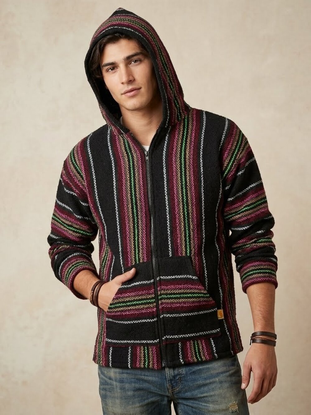 Molina Men's Small Multicolor Striped Zip Up Baja Hoodie Drug Rug Jacket
